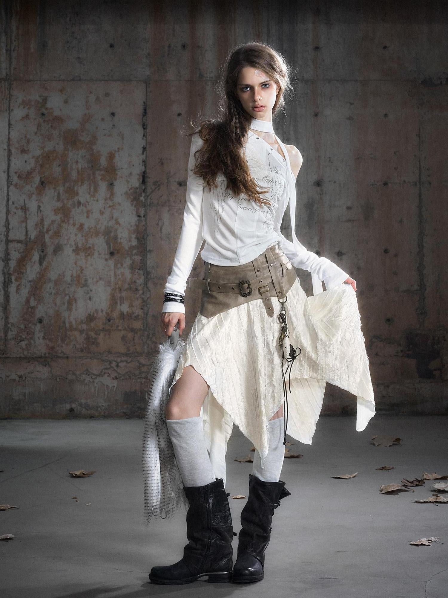 Cest Nous Pu Patchwork Punk Asymmetric Low Waist Youth Daily Wear Cotton Blend Midiskirts