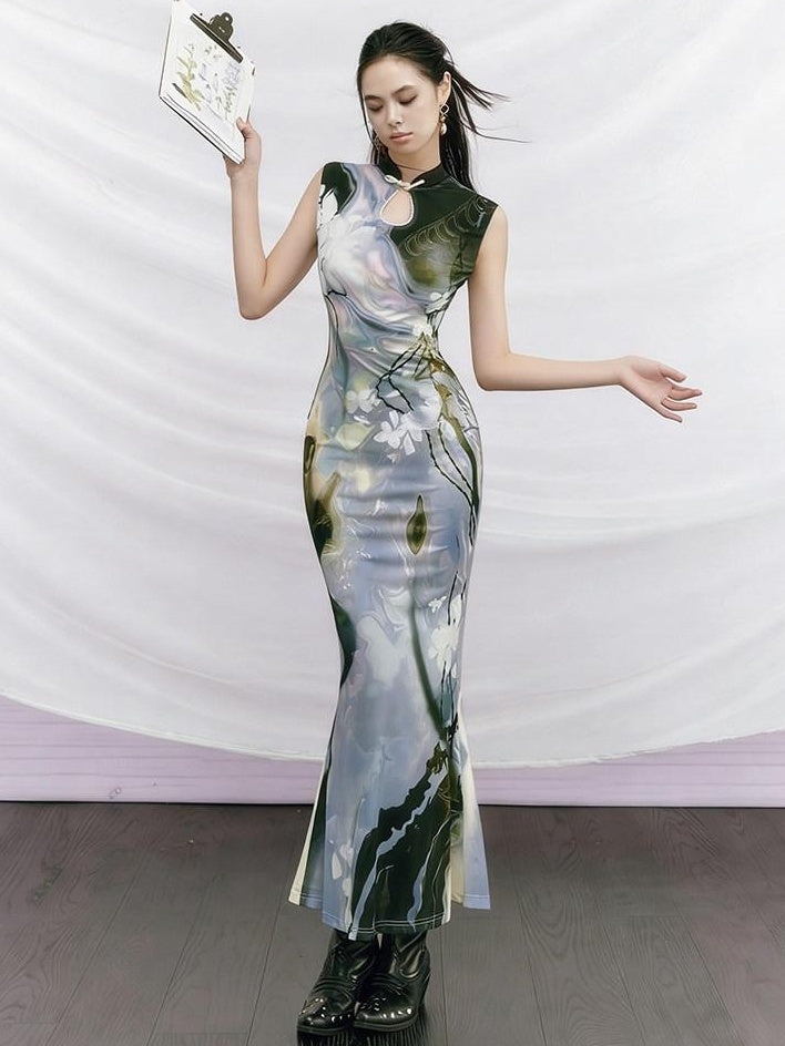 OfAkiva Printed High Waist Stand Collar Sleeveless Slim Mermaid Women Maxi Dresses