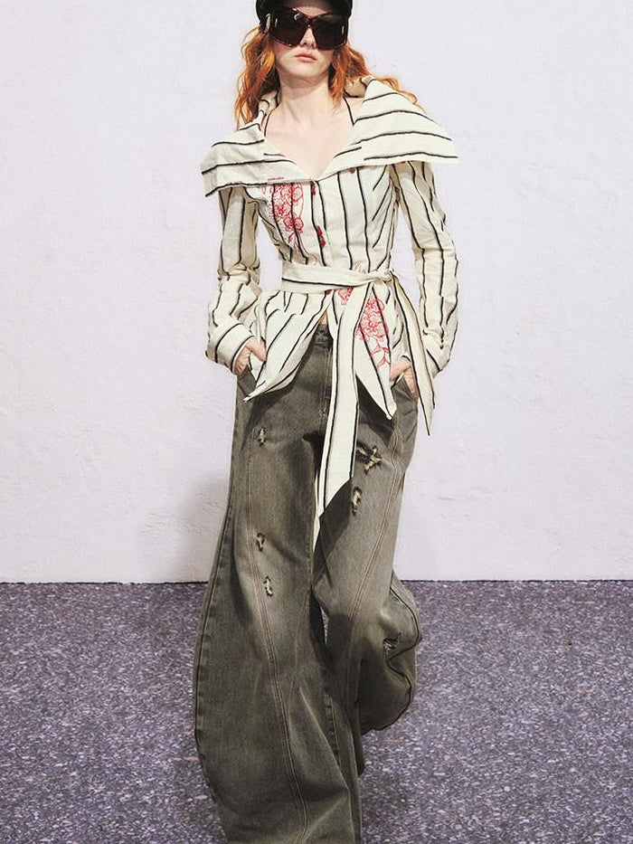 OfAkiva 100 Percent Cotton Breathable Slim Fit Puff Sleeve Striped Cardigan Blouses