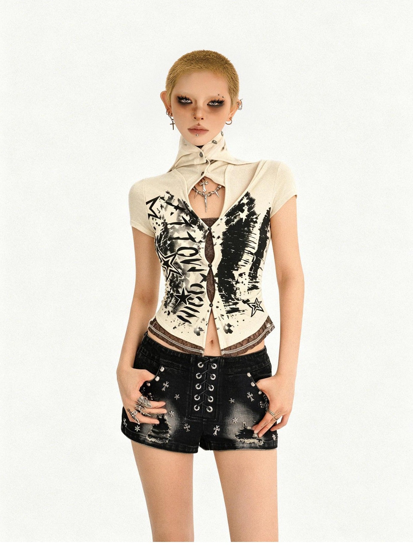 Nico Molly Cinched Waist Lace Skull Punk Faux Two Piece Cropped Women Off White Hoodie
