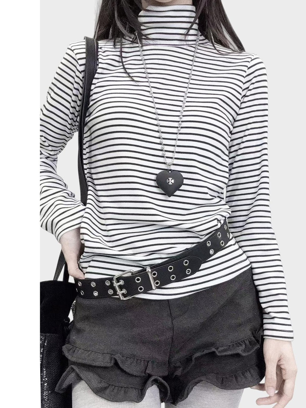 REDDACHIC Black White Stripe Gothic Half Collar Women'S Fleece Long Sleeve T-Shirts
