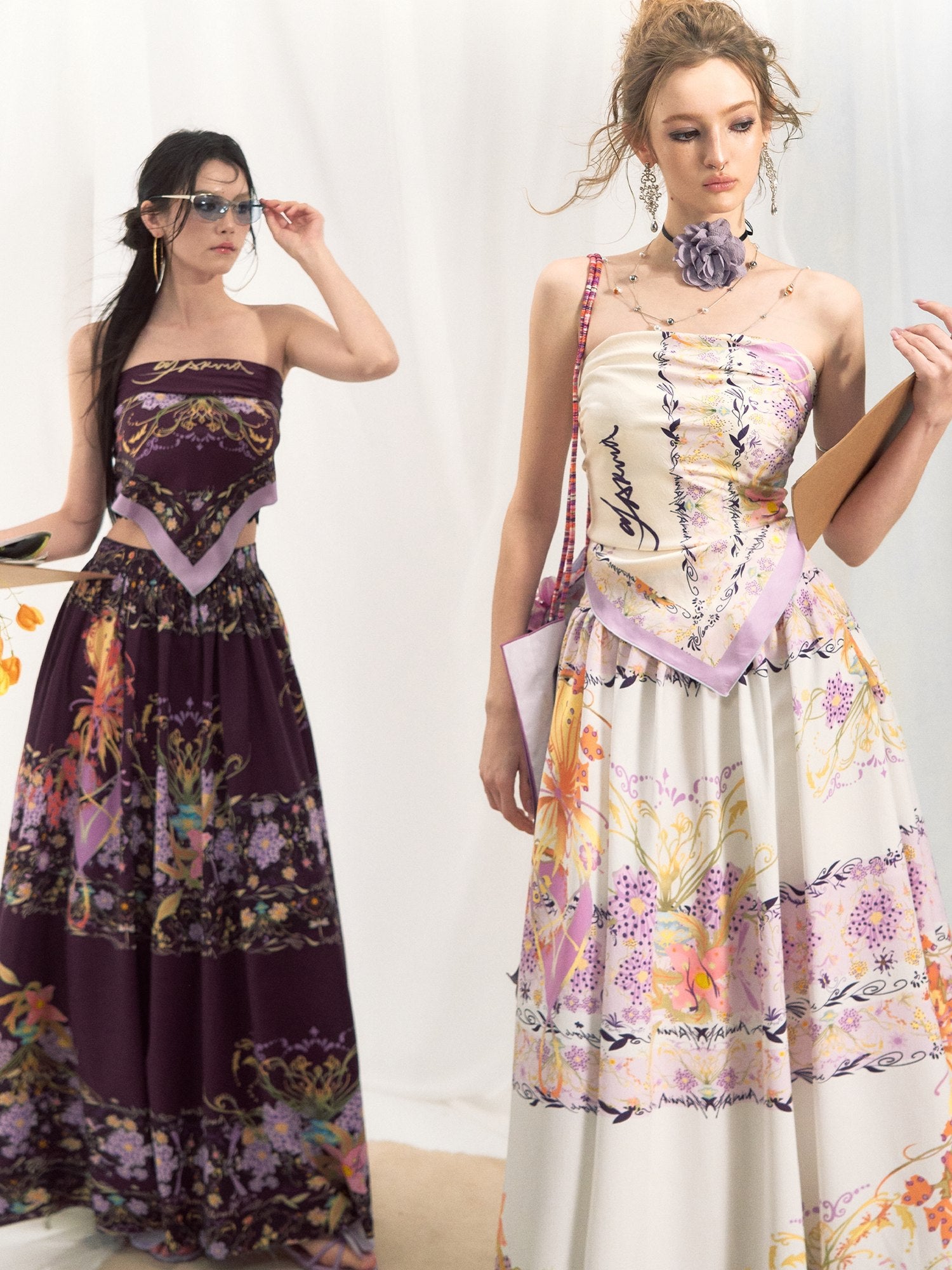 OfAkiva Floral Sleeveless Slim Two Piece With Square Scarf Women Top & Skirt Sets