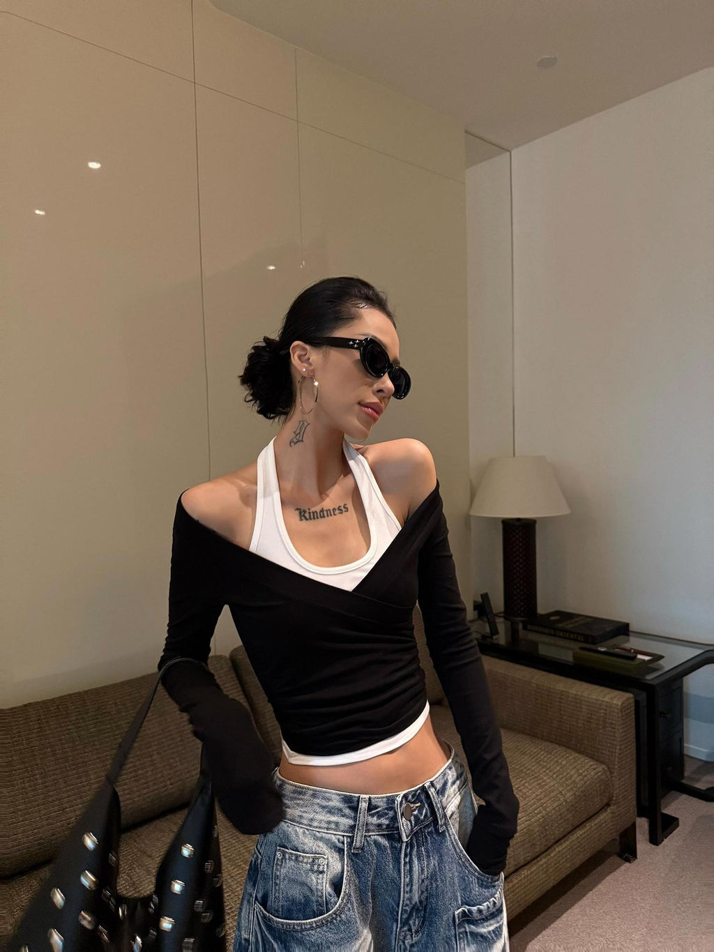 ZERO Faux Two Piece Slim Korean U Neck Cropped Pullover Women Viscose Knitwear