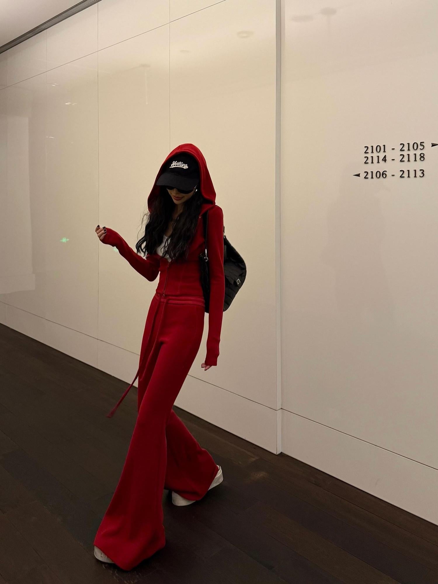 ZERO Soft Stretch Hooded Sweatshirt High Waist Pants Casual Women Red Top & Pants Sets