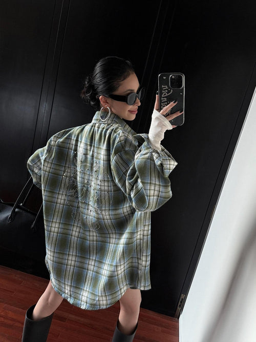 ZERO Breathable Loose Mid Length Green Plaid Unisex Cotton Shirts