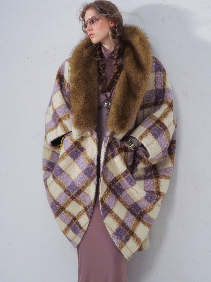 OfAkiva Cozy Thick Vintage Cape Silhouette V-neck Mid Length Plaid Women Jackets