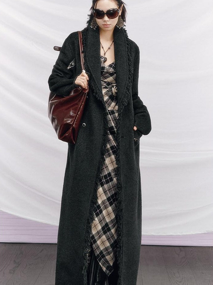 OfAkiva Vintage Slim Wool V-neck Drop Shoulder Single Breasted Women Long Coats