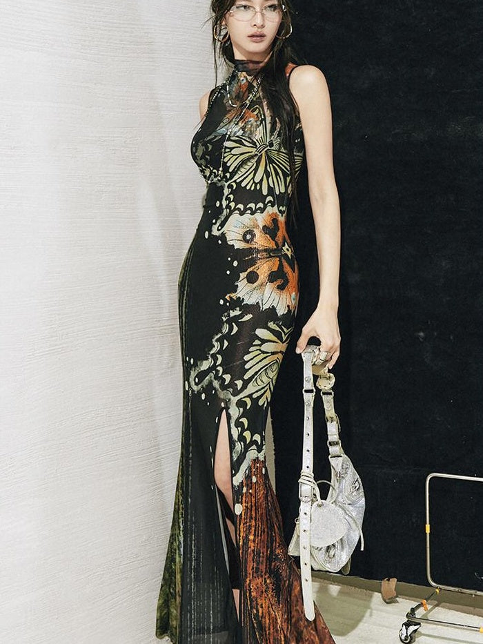 OfAkiva High Waist Sleeveless Printed A Line Hanfu Inspired Women Maxi Dresses