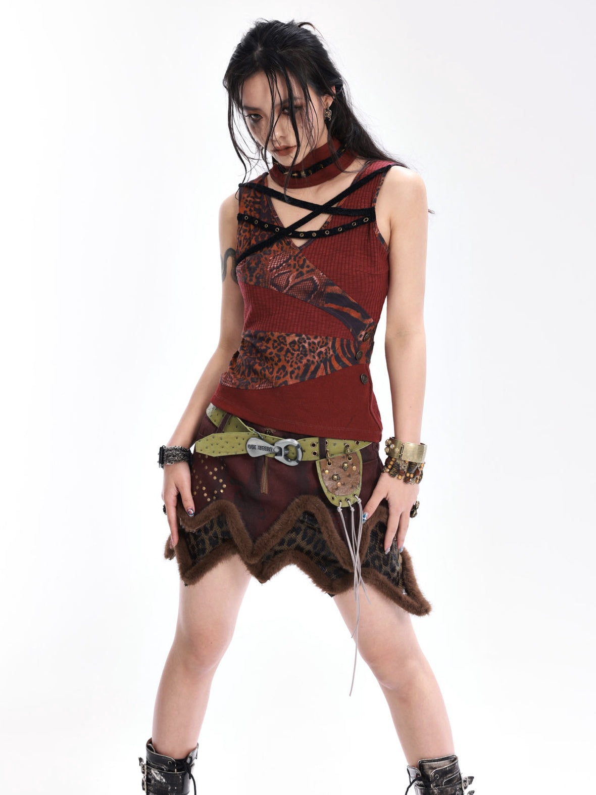 OPEN AESTHETIC Original Design Slim Fit Button Patchwork Striped Women Dark Red Tank Tops
