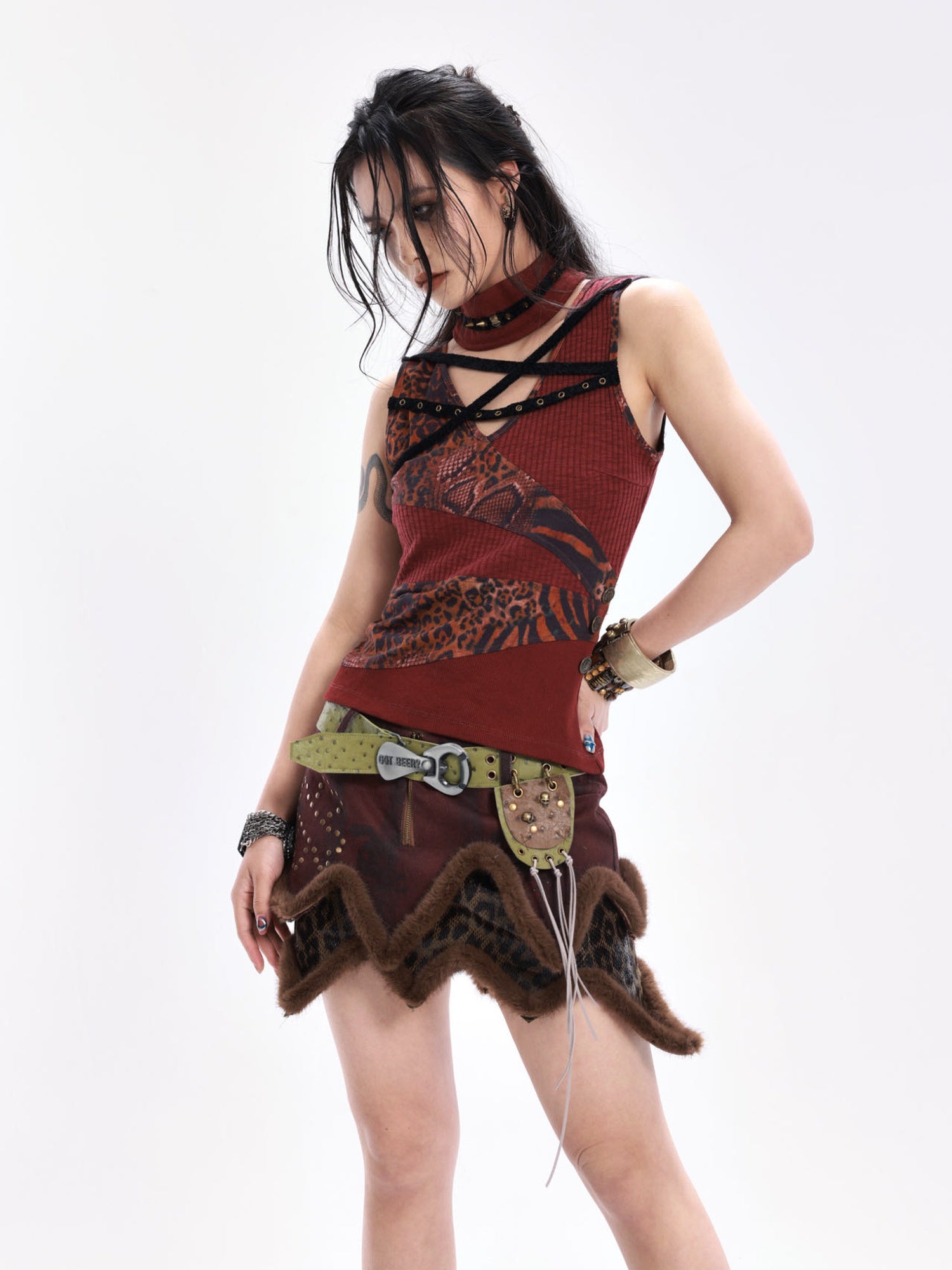 OPEN AESTHETIC Original Design Slim Fit Button Patchwork Striped Women Dark Red Tank Tops