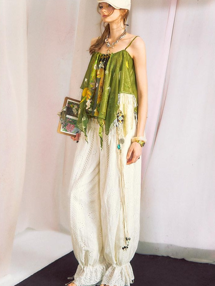 OfAkiva Relaxed Lantern Natural Waist Zip Fly Flared Hem Women Wide Leg Pants