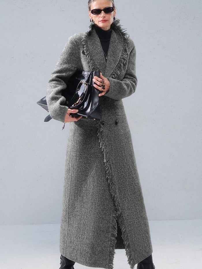 OfAkiva Vintage Slim Wool V-neck Drop Shoulder Single Breasted Women Long Coats