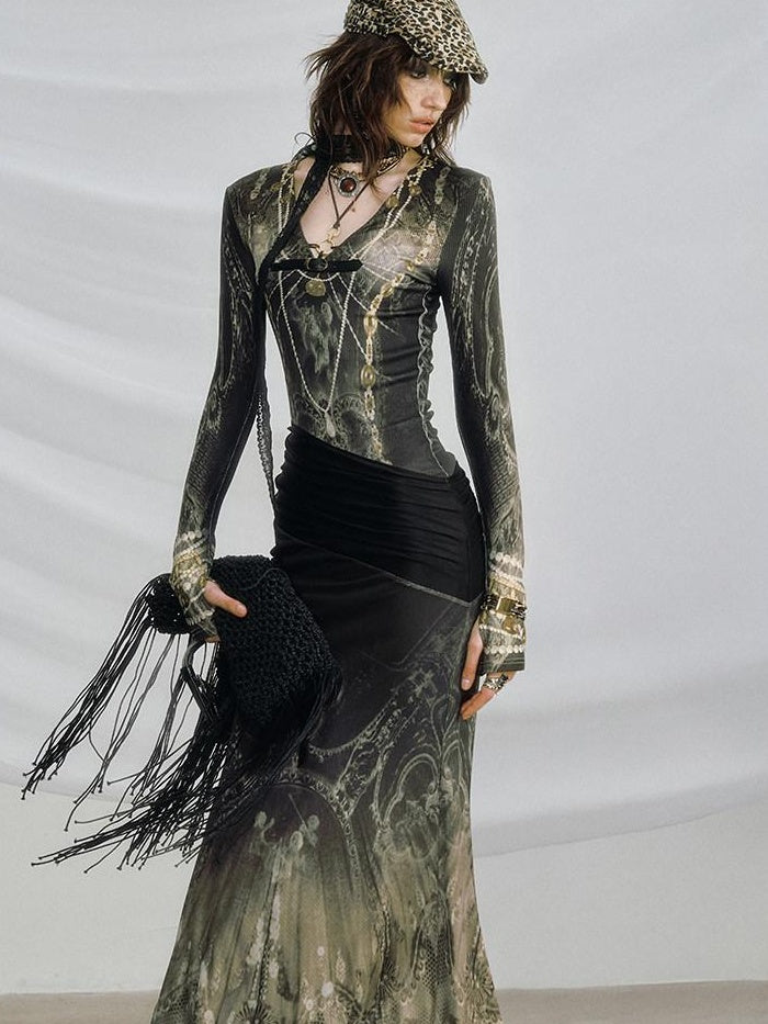 OfAkiva High Stretch High Waist Vintage Floral V-neck Long Sleeve A Line Maxi Dresses