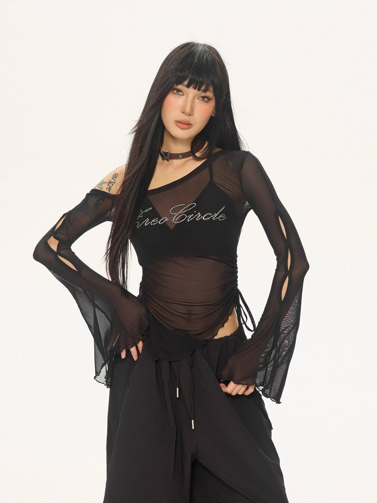 ZERO Rhinestone Nylon Mesh Asymmetrical Neck Slim Street Long Sleeve Crop Tops