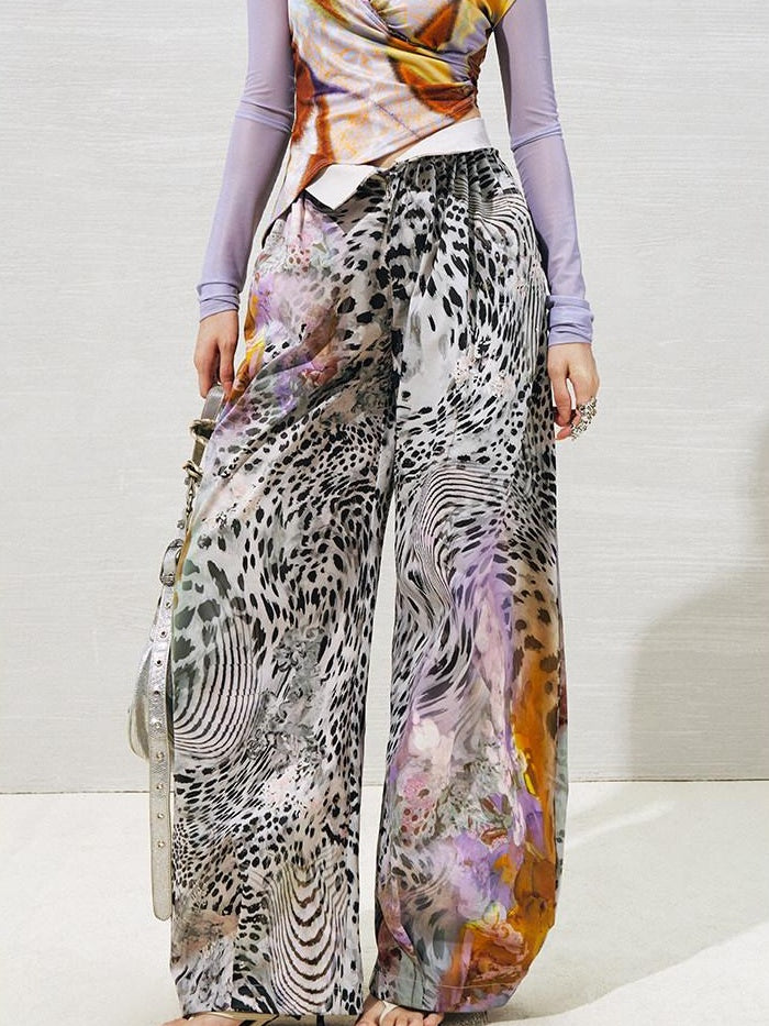 OfAkiva High Waist Leopard Print Cuffed Minimal Women Light Stretch Wide Leg Pants