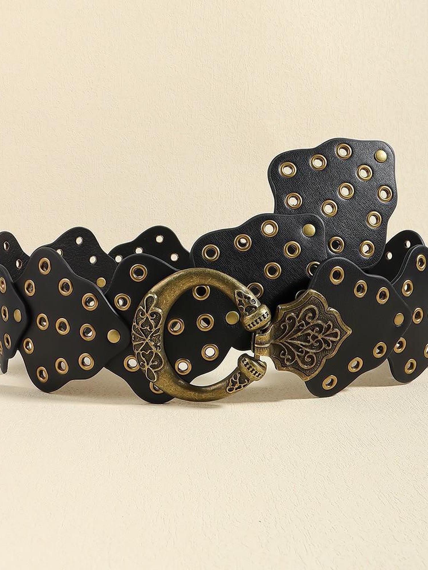 REDDACHIC Vintage Ethnic Patchwork Cutout Studded Wide Women'S Soft Pu Belts
