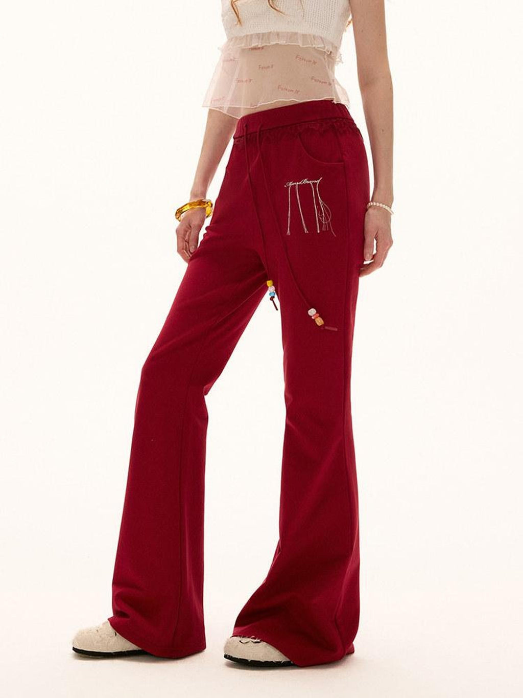 MAMC Slim Cotton Low Rise Drawstring Womens Minimal Red Micro Flare Flared Pants
