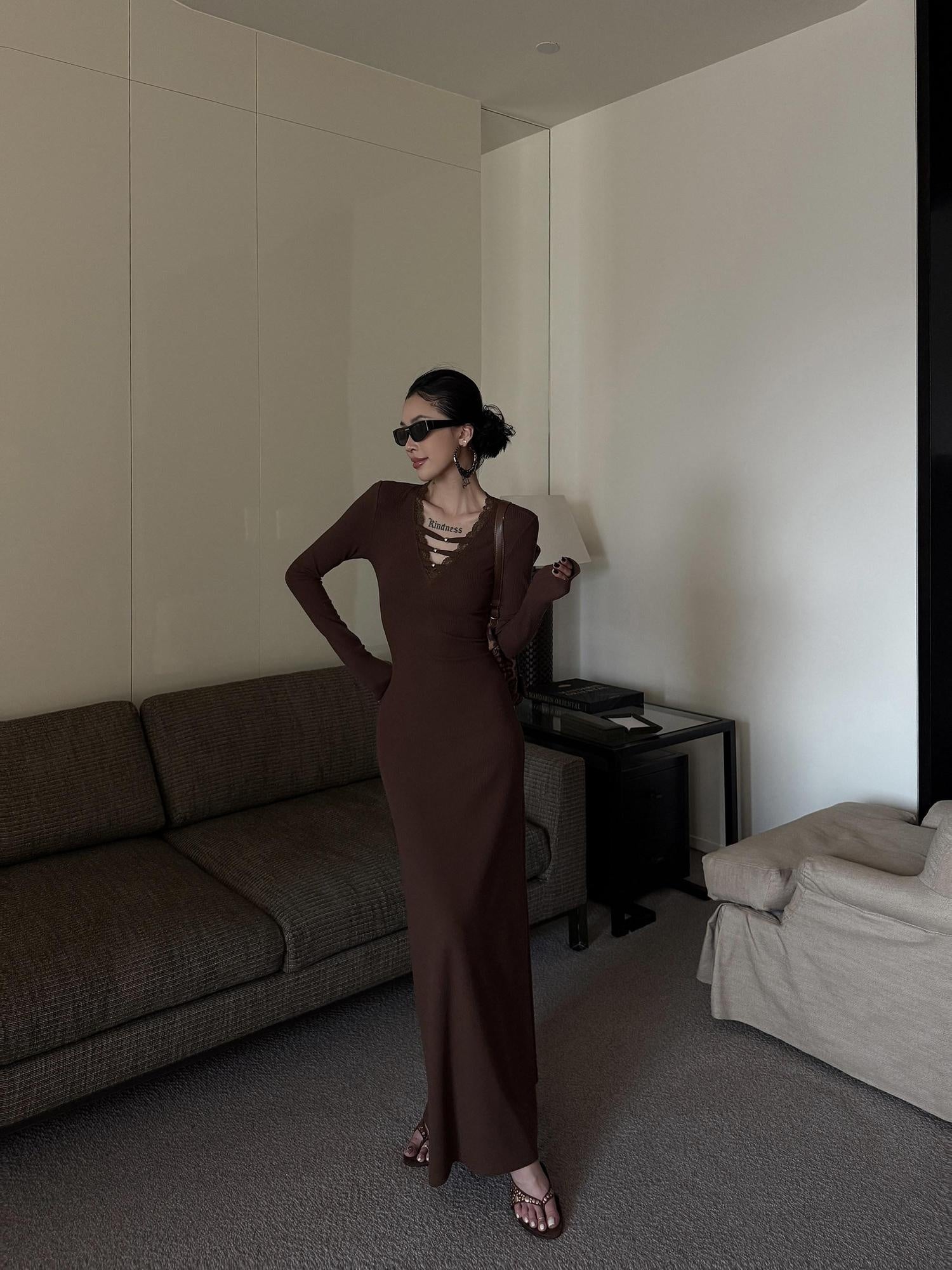 ZERO Slim V-neck Long Sleeve Patchwork Knit Mermaid Street Casual Women Maxi Dresses
