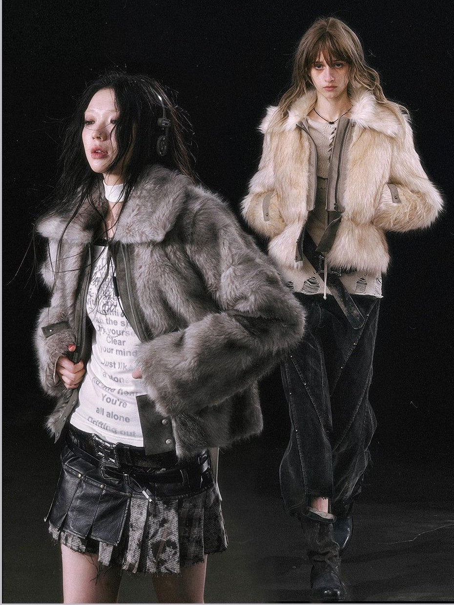 Cest Nous Thick Fur Collar Punk Street Short Fit Young Adults Silver Gray Beige Jackets
