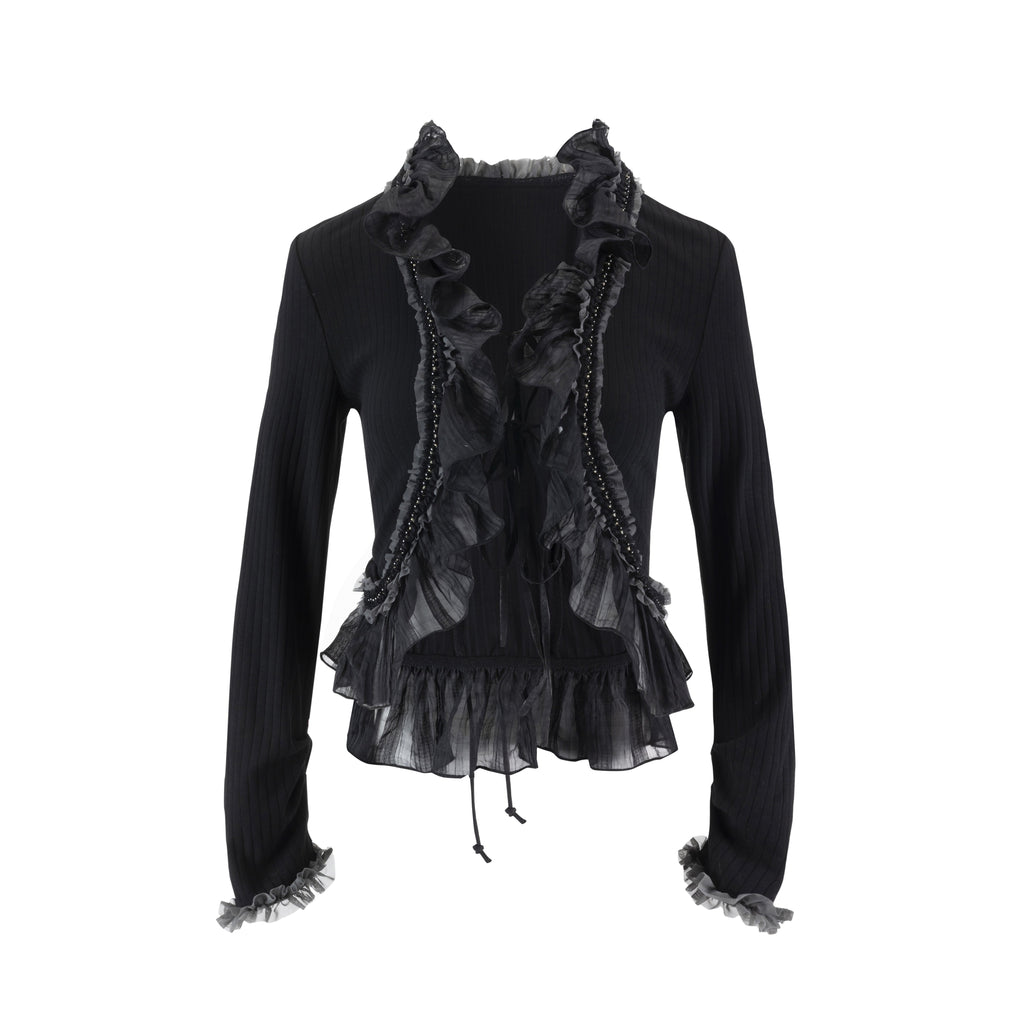 Cest_Nous_Cotton_Slim_Fit_Regal_Ruffle_Knit_Cardigan_Cropped_Long_Sleeve_Black_Blouses_MISSTT