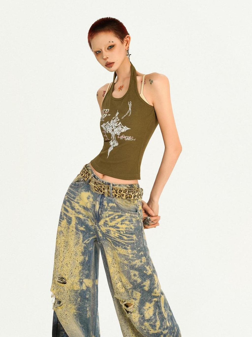 Nico Molly Original Halter Slim Fit Padded Women Y2K Olive Letter Print Camisoles