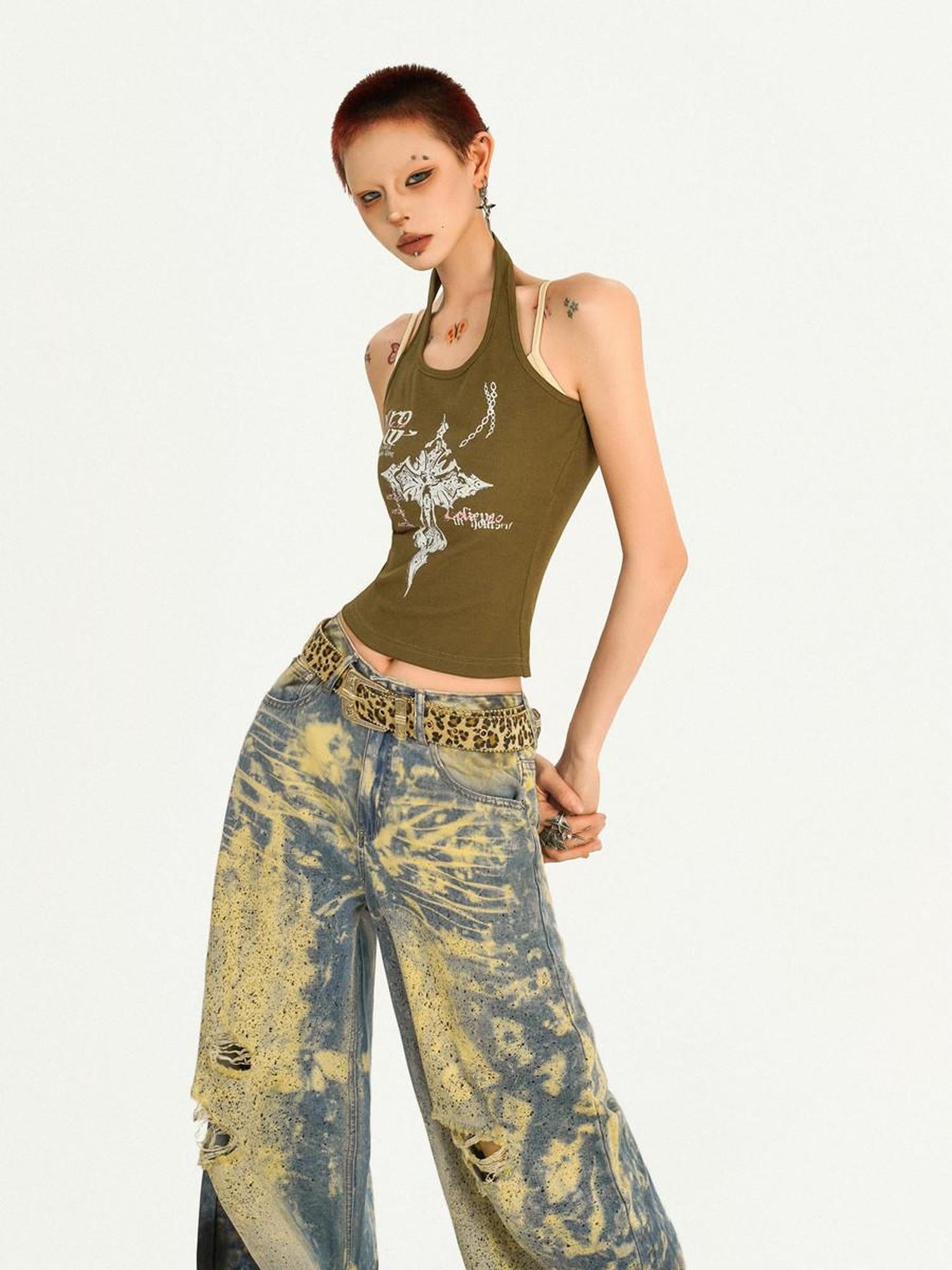 Nico Molly Original Halter Slim Fit Padded Women Y2K Olive Letter Print Camisoles