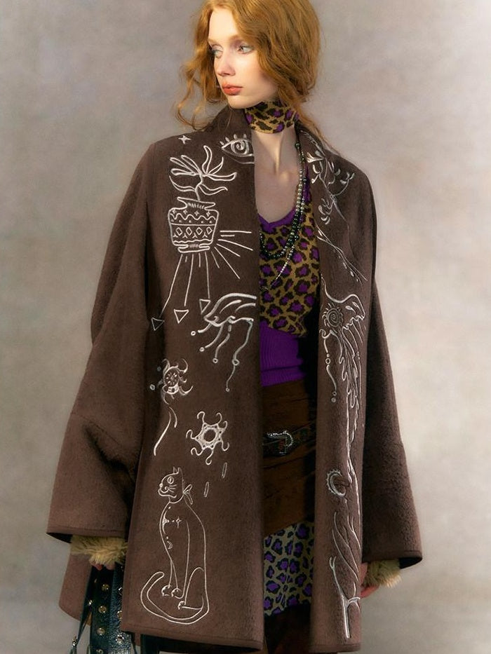 OfAkiva Embroidered Double Faced Wool Elegant Loose Fit Women Brown Short Coat