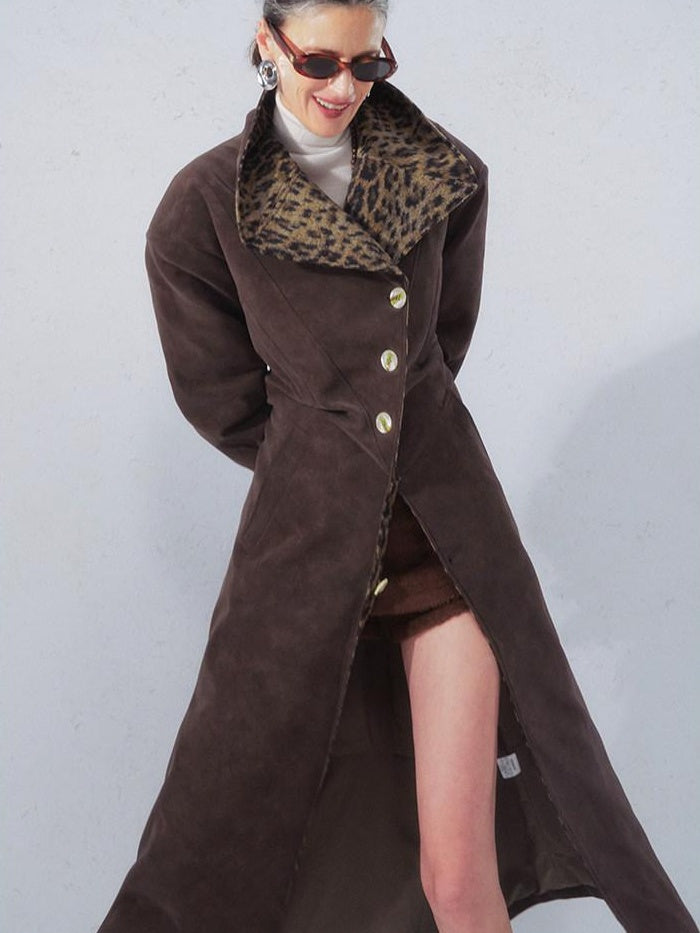 OfAkiva Faux Leather Windproof Vintage Straight Stand Collar Leopard Women Long Coats