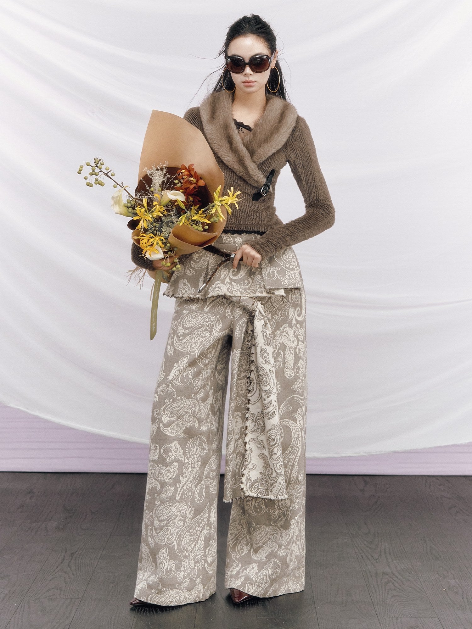 OfAkiva Pleated High Waist Zipper Fly Floral Print Women No Stretch Gray Wide Leg Pants
