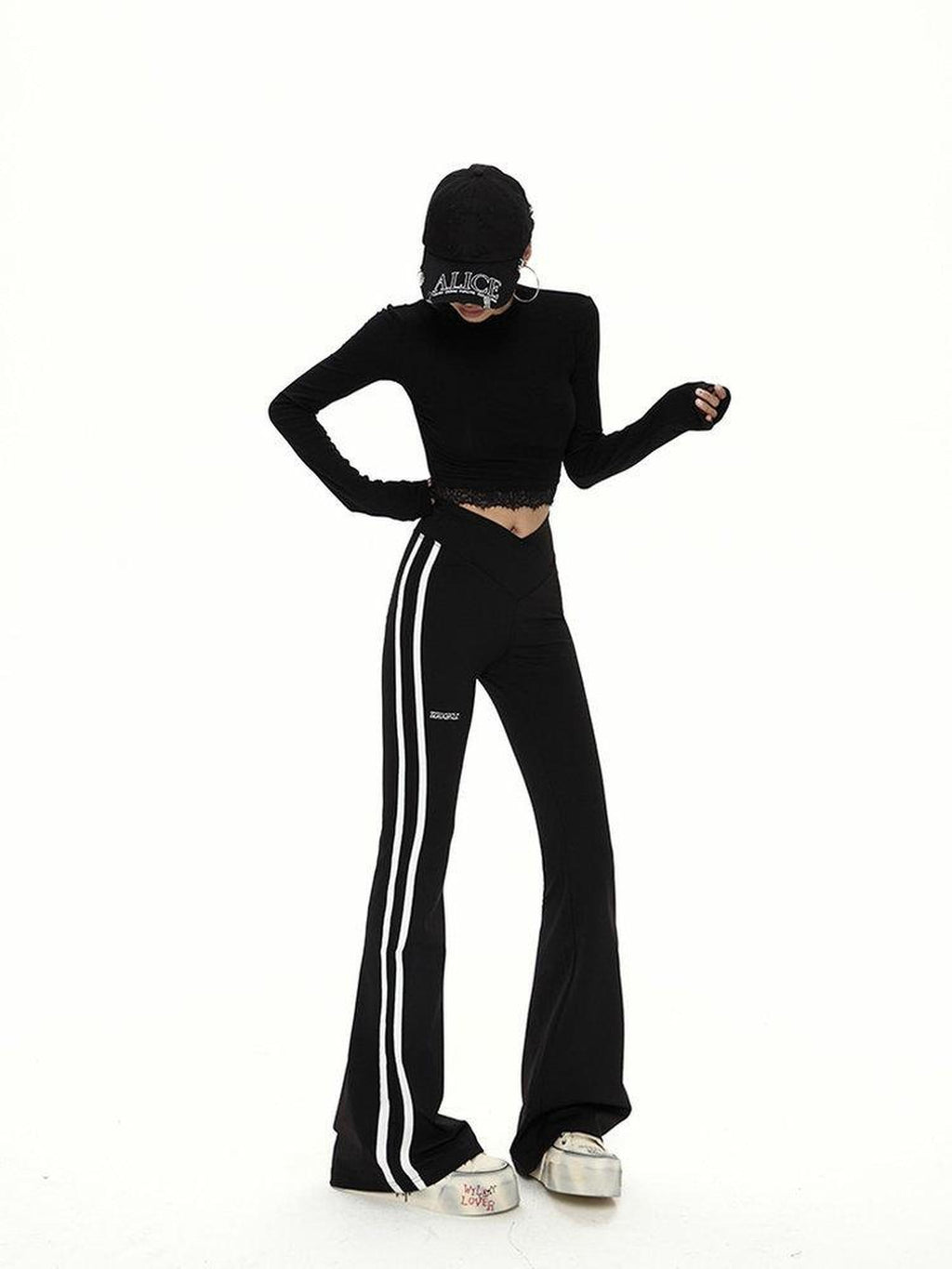 ZERO High Stretch Knit Micro Flared Street Sporty Women Striped Black Flared Pants