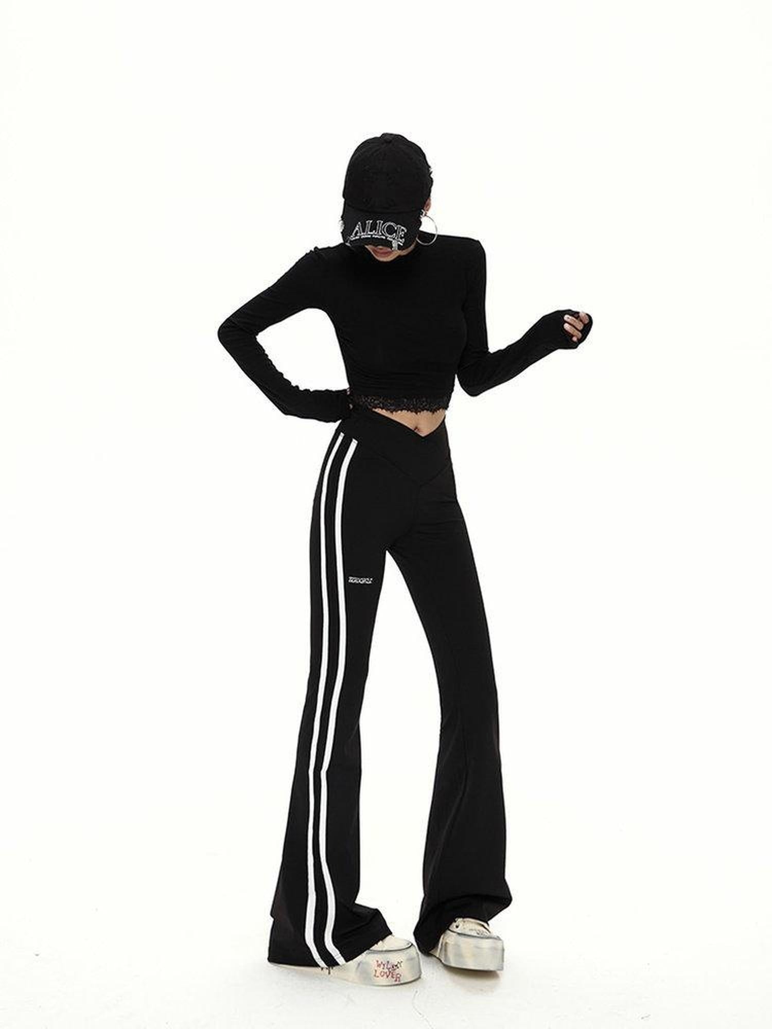 ZERO High Stretch Knit Micro Flared Street Sporty Women Striped Black Flared Pants