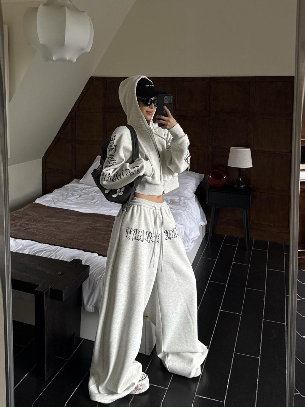 ZERO Thick Cotton Zip Cropped Sweatshirt Printed Loose Casual Women Top & Pants Sets