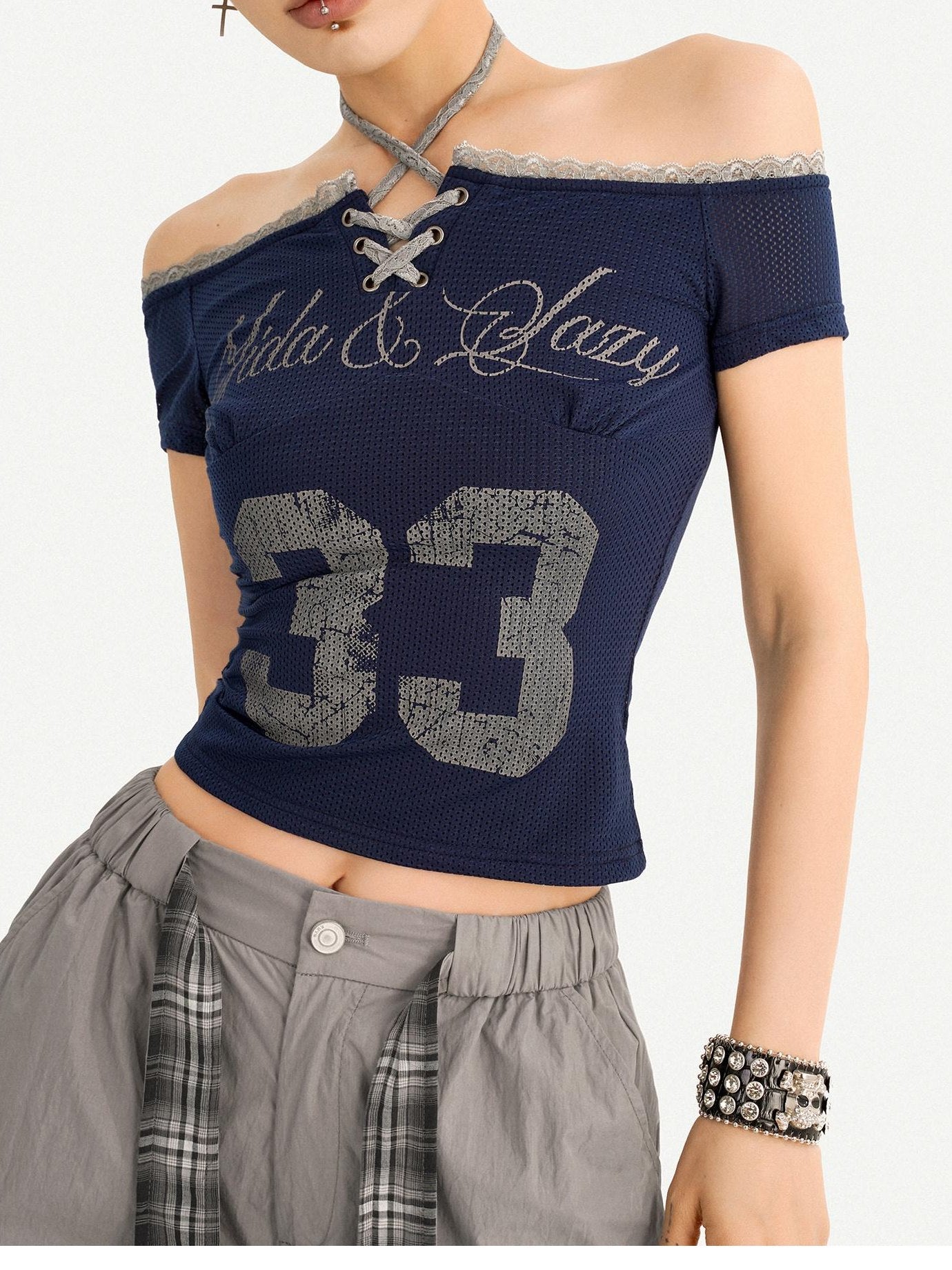 Nico Molly Sexy Slim Tie Front Women Letter Number Print Grey Off Shoulder Crop Tops