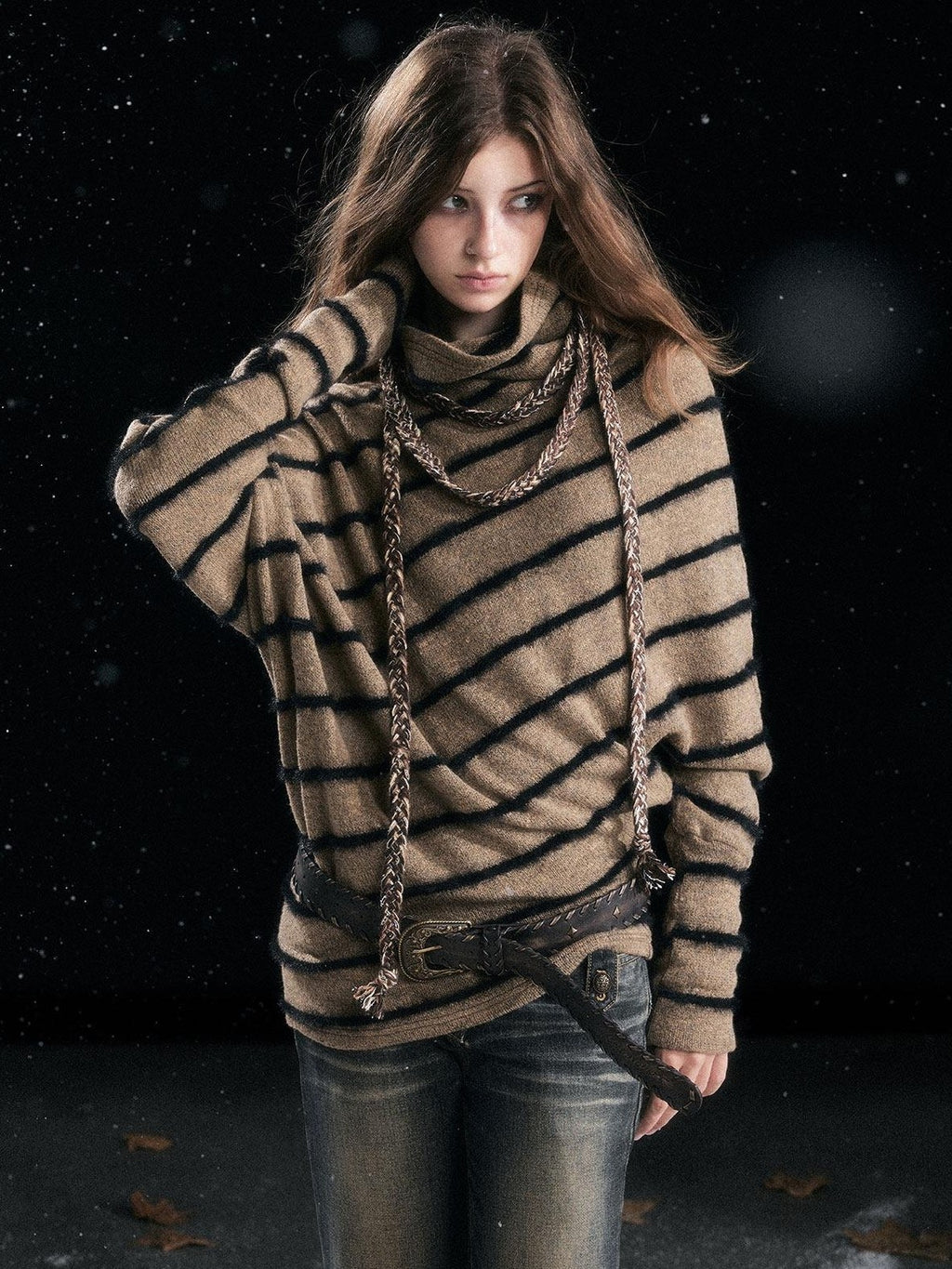 Cest Nous Cozy Thick Street Oversized Batwing Turtleneck Tie Front Women Striped Sweaters