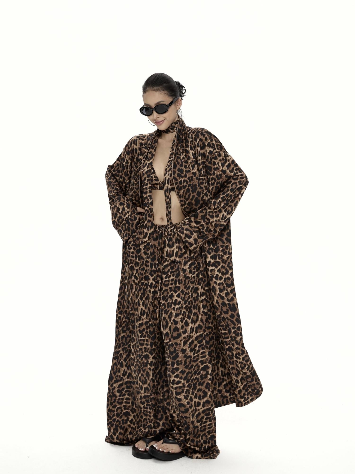 ZERO Leopard Print Three Piece Loose V-neck Cardigan Casual Women Top & Pants Sets