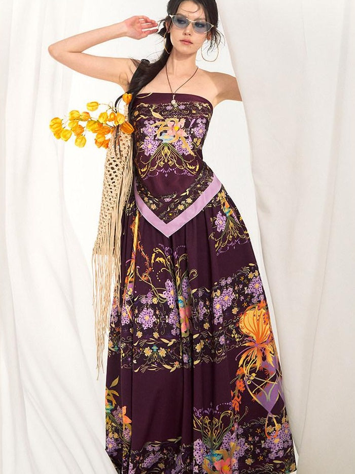OfAkiva Floral Sleeveless Slim Two Piece With Square Scarf Women Top & Skirt Sets