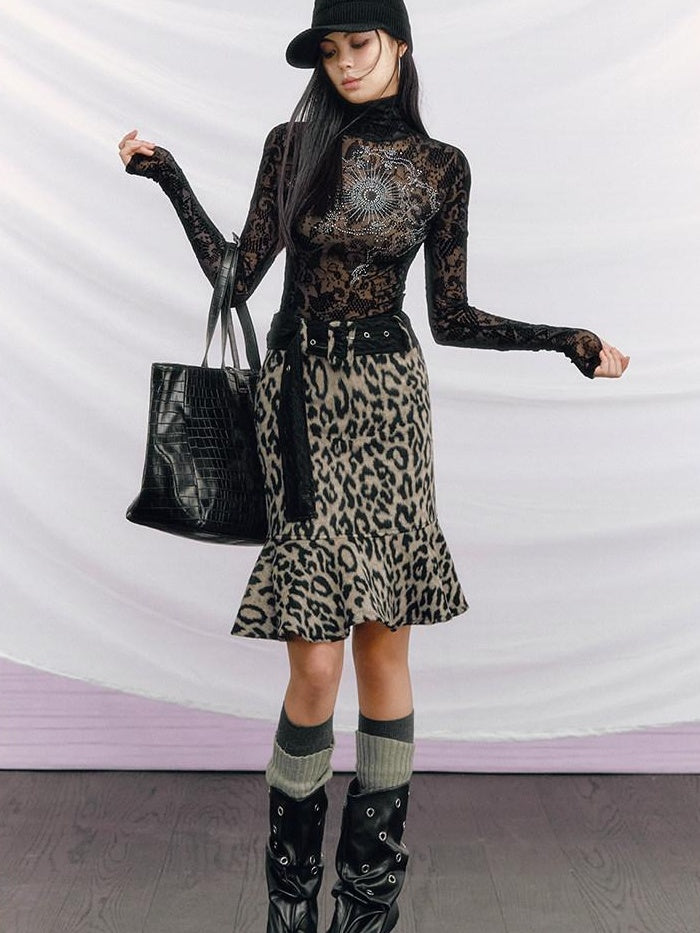 OfAkiva High Waisted Slim A Line Patchwork Belted Casual Women Leopard Print Midi Skirts