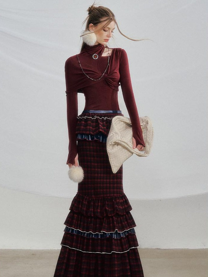 OfAkiva Pleated High Waist A Line Slim Fit City Commuter Women Plaid Maxi Skirts