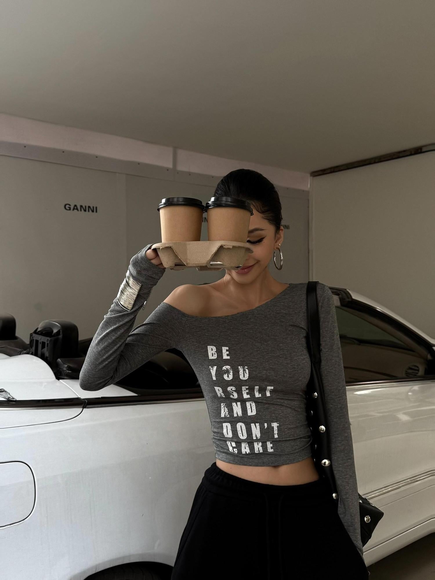ZERO Soft Cotton Letter Print Casual Slim Asymmetric Neck Black Long Sleeve Crop Tops