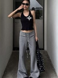 ZERO Casual Knit Drawstring Mid Rise Micro Flare Wide Leg Women Solid Flared Pants