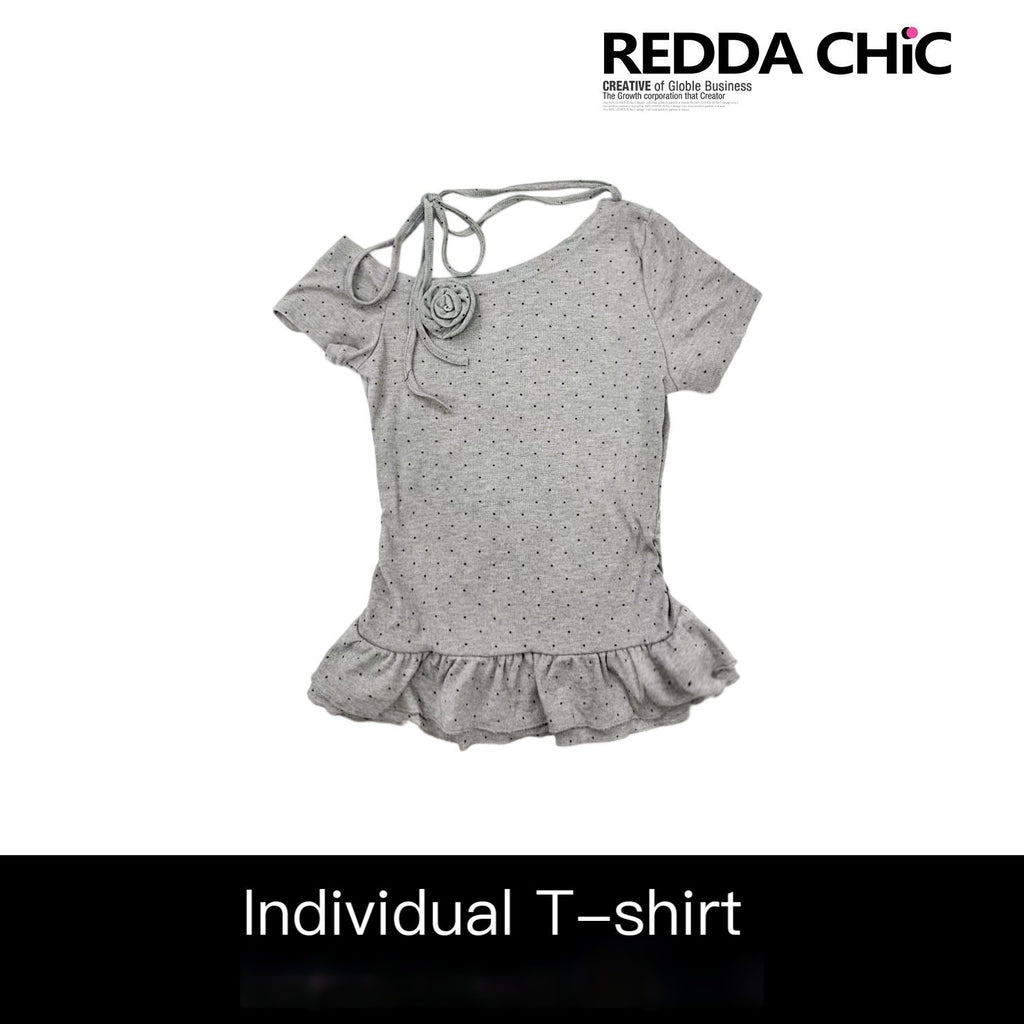 REDDACHIC_Gray_Polka_Dot_Slanted_Shoulder_Pleated_Waist_Tie_Women'S_Short_Sleeve_T-Shirts_MISSTT