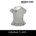 REDDACHIC_Gray_Polka_Dot_Slanted_Shoulder_Pleated_Waist_Tie_Women'S_Short_Sleeve_T-Shirts_MISSTT