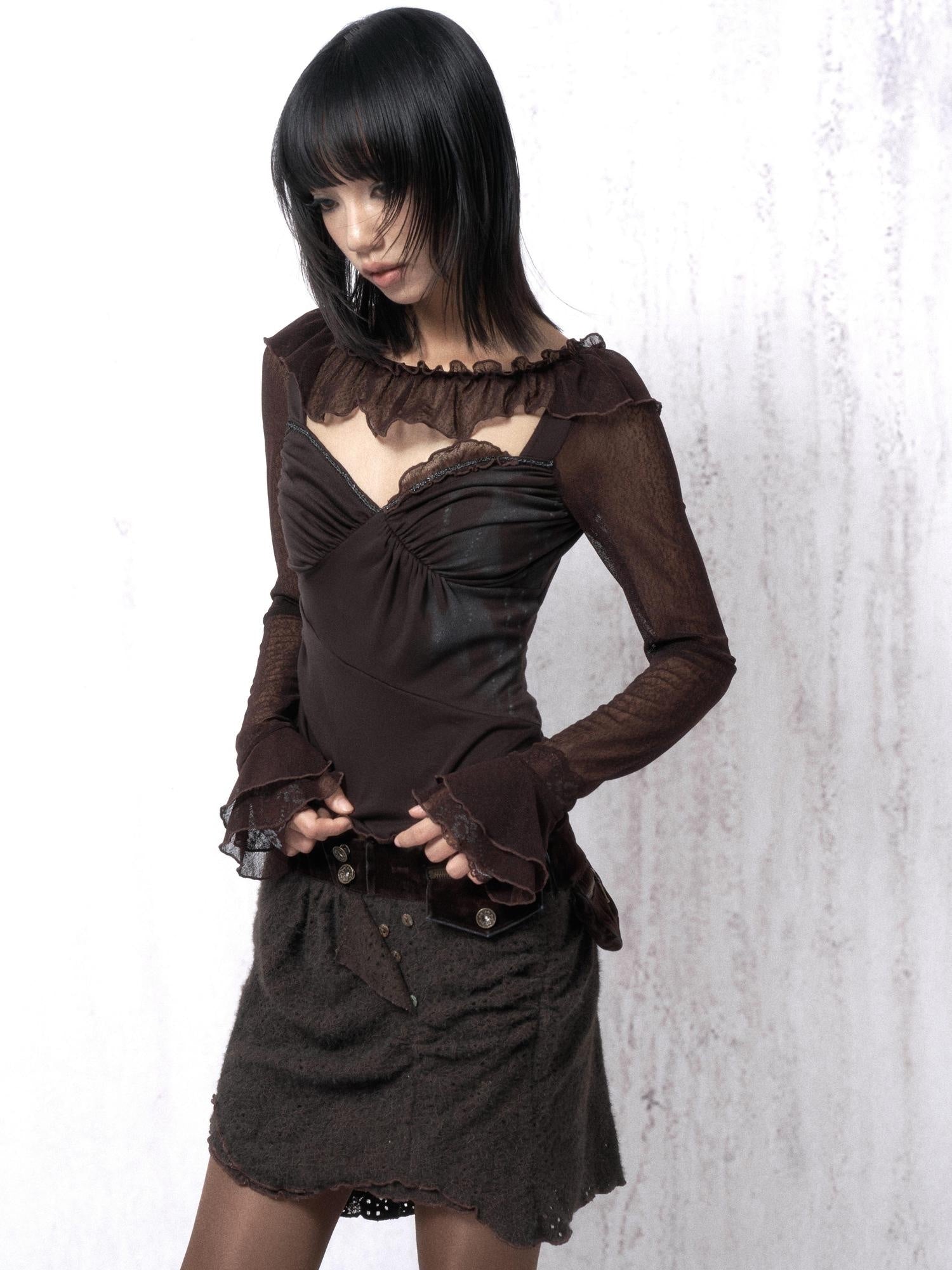 OPEN AESTHETIC Cotton Blend Vintage Lace Print Slim Bell Sleeve Dark Brown Long Sleeve T-Shirts