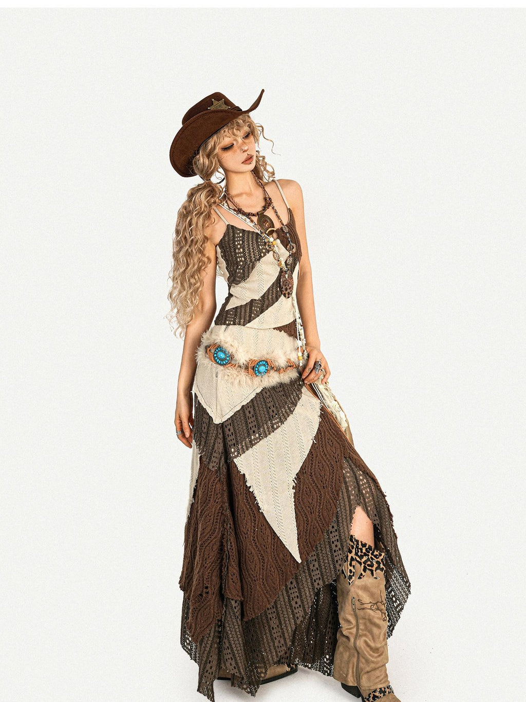 Nico Molly Fringed Knit Slim Fit Vintage Beige High Waist Casual Youth Top & Skirt Sets