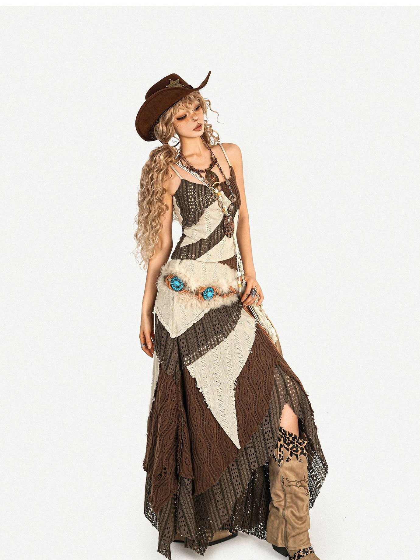 Nico Molly Fringed Knit Slim Fit Vintage Beige High Waist Casual Youth Top & Skirt Sets