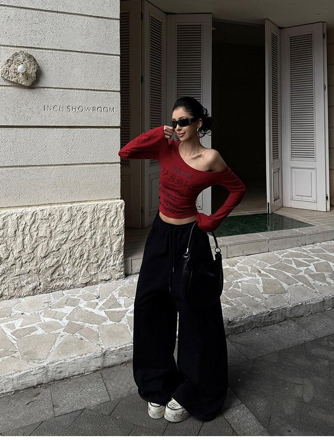 ZERO Wild Print Red Slim Street Asymmetrical Neck Women Viscose Long Sleeve Crop Tops
