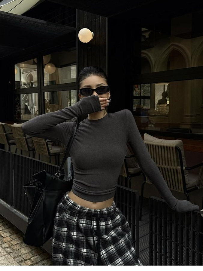 ZERO Thick Viscose Knit Slim Fit Casual Round Neck Long Sleeve Crop Tops