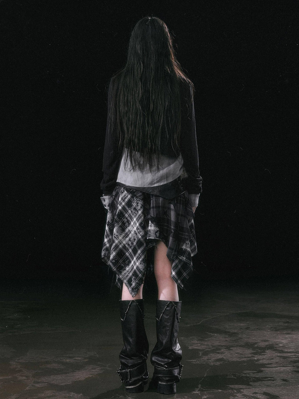 Cest Nous Patchwork Asymmetrical Punk Plaid A Line Mid Waist Women Cotton Midiskirts