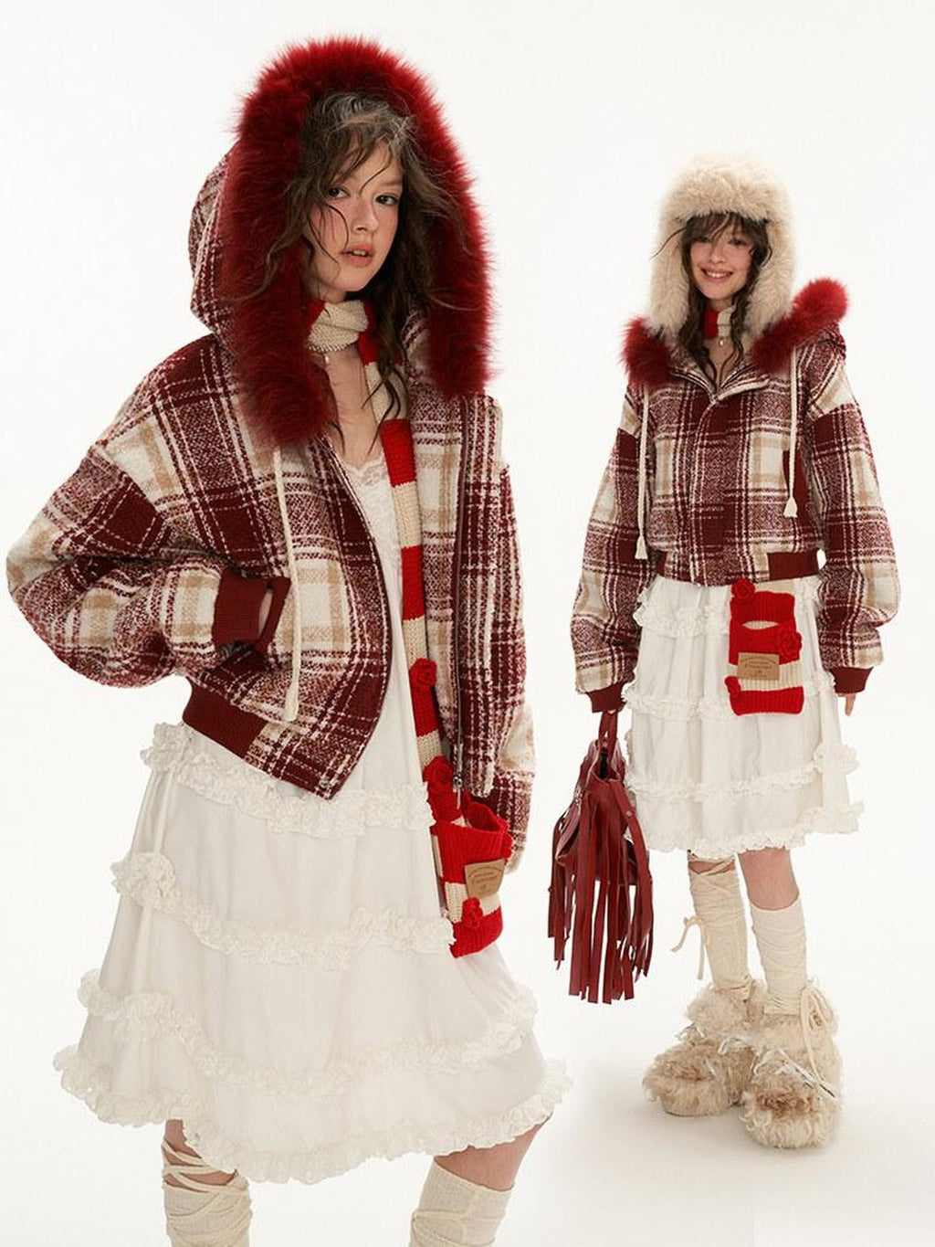 MAMC Plaid Red Polyester Panelled Short Lapel Straight Fit Office Cropped Jackets