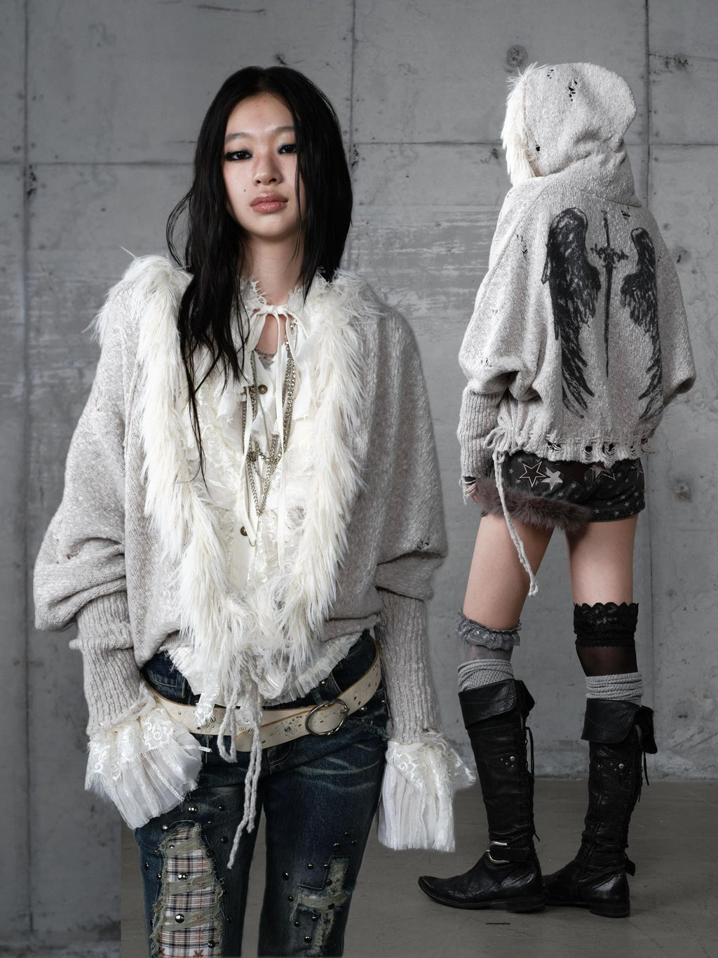 NO ROMANCE Vintage Shibuya Knitted Batwing Sleeve Hooded Women'S Knit Hoodies
